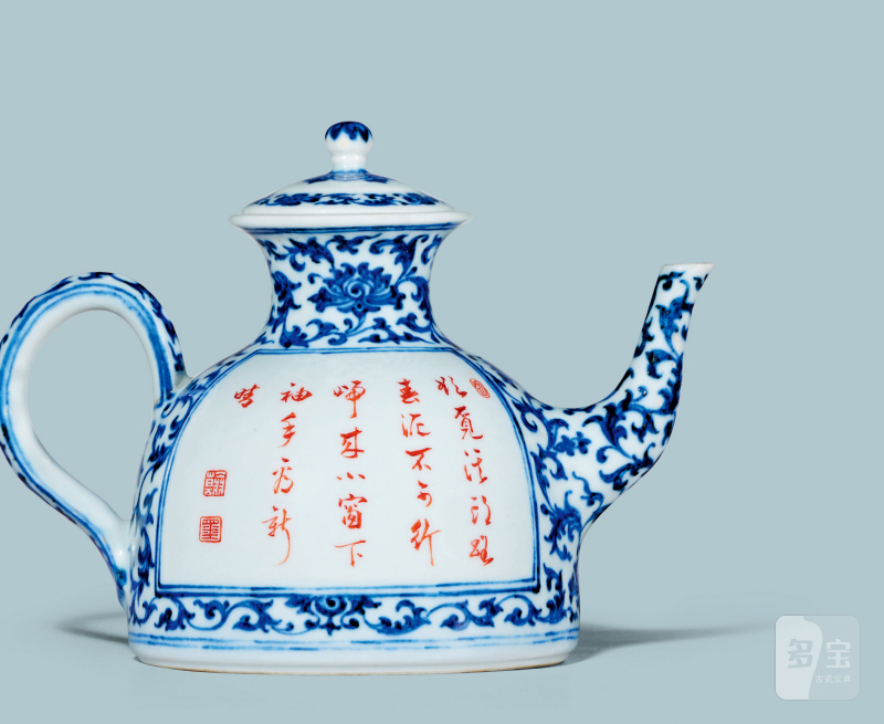 清乾隆 唐英製青花开光粉彩山水高士赏游诗意图茶壶 - 图2